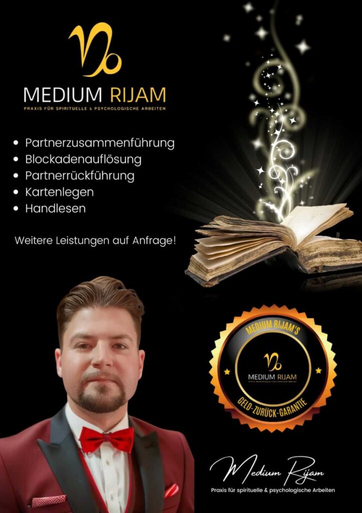 Flyer mit den Dienstleistungen und einem Portrait des Medium Rijam